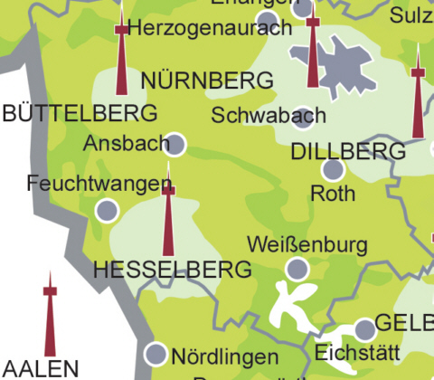 Versorgungsgebiet DVB-T in der Region Bttelberg / Frankenhhe (Quelle: Projektbro DVB-T Bayern)