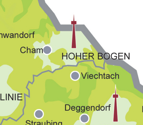 Versorgungsgebiet DVB-T in der Region Hoher Bogen / Furth im Wald (Quelle: Projektbro DVB-T Bayern)
