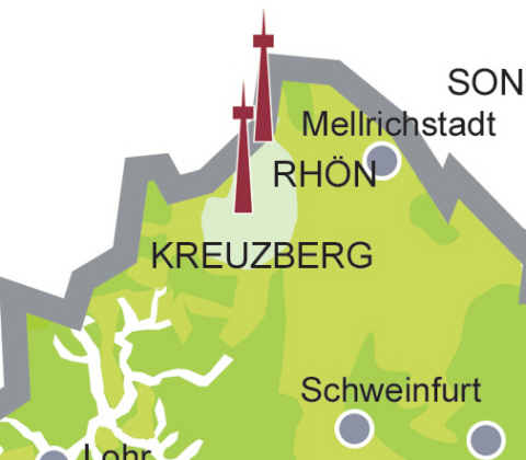 Versorgungsgebiet DVB-T in der Region Kreuzberg / Heidelstein / Rhn (Quelle: Projektbro DVB-T Bayern)